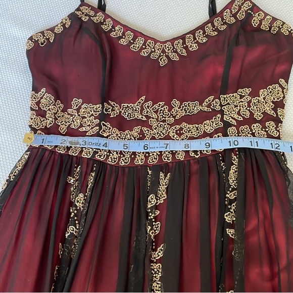 Adrianna Papell Burgundy, Black, & Gold Beaded Silk Cocktail Dress Size 4 - Picture 5 of 12